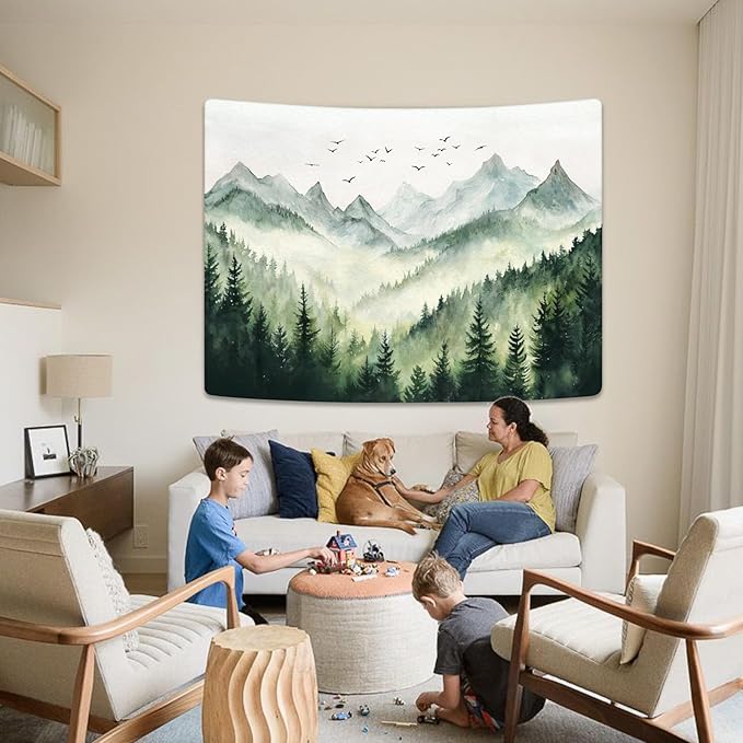 kampdream Landscape Tapestry, Scenery Art Wall Tapestries, Nature Wall Decor for Bedroom Living Room Backdrop Green Watercolor Mountain 44×60 inches