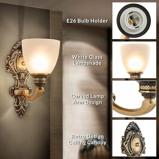 NOXARTE 2 Pack Vintage Wall Sconce Brass Wall Mounted Light Ceiling Fixture with Milk White Glass Shades for Living Room Bedroom Hallway
