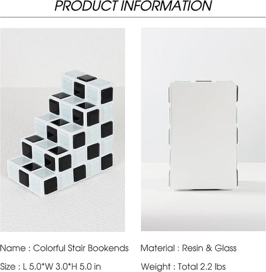 Decorative Bookends for Shelves - Stair Book Ends for Heavy Books - Unique Book Stopper & Holder for Shelves - Modern Home Decor Aesthetic Bookshelf Decor (Black & White)