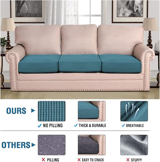 H.VERSAILTEX Super Stretch Individual Seat Cushion Covers - Sofa & Couch Cushion Slipcover Sets - Thick Jacquard Textured Twill Fabric (3 Piece XL Sofa Cushion Covers, Storm Blue)