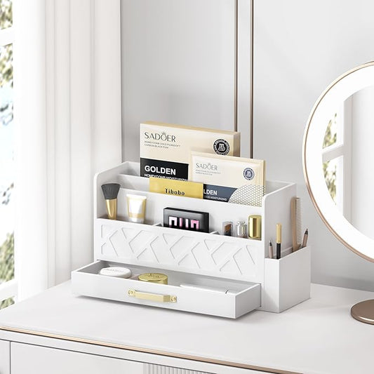 Wooden Desk Organizer,Desktop Organizer File Sorter for Office Supplies, Mail Organizer with Drawer,Desk Accessories & Workspace Organizers for Women (White)
