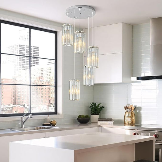 Chrome Pendant Lighting Modern Pendant Light, Mini Crystal Chandeliers,Adjustable Pendant Light Fixture for Kitchen Island Dinning Room Corridor Bedroom(Chrome 5-Light)