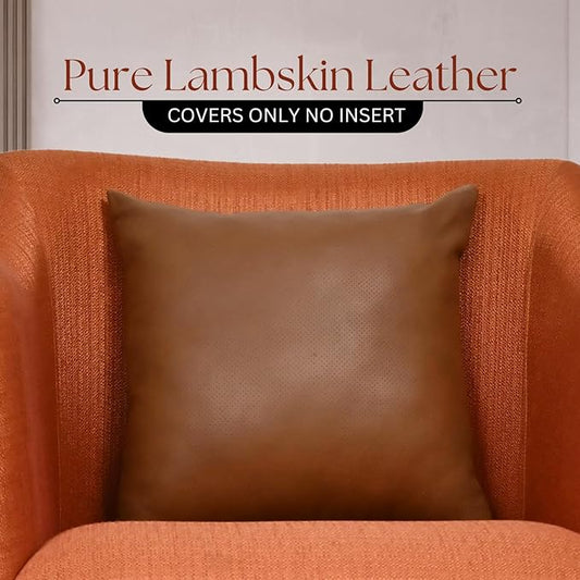 LL LEATHER LOVERS Genuine Lambskin Leather Pillow Cover, 14x14 Inch Case for Lumbar Throw Couch Pillows, Thick & Soft Cushion Covers for Sofa Bed Home Décor (Textured Tan Pack of 2)