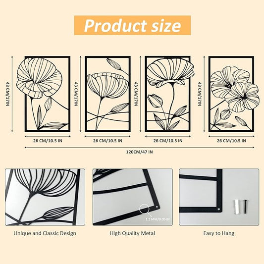 ESTART 4 Pieces Metal Lotus Wall Decor Abstract Floral Aesthetic Splicing Line Art Minimalist Wall Decor for Bedroom Flowers Hanging Wall Sculpture for Living Room Kitchen Office Yoga Room (Black)