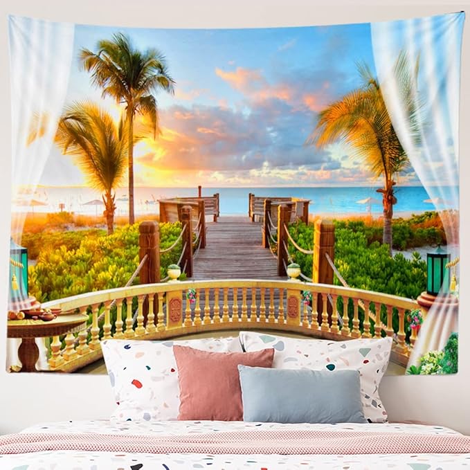 BULOR 80x60inch Tropical Balcony Sea Beach View Tapestry Seaside Wood Bridge Sunset Sunshine Curtain Wall Hangings Tapestry for Meditation Bedroom Living Room Dorm Man Cave Video Recording Background