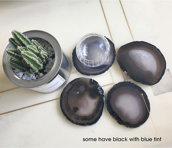 AMOYSTONE Natural Black Agate Coasters Set of 4, 3-4 Inch Stone Coasters, Protective Mat for Table, Thoughtful Retirement Gift for Men, Business Desk