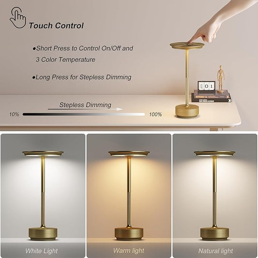 1 Pack Cordless Table Lamps Rechargeable, Portable 5000mAh Battery Operated Lamp, 3 Color Stepless Dimming LED Table Light with Memory Function, for Outdoor/Dinner/Patio/Restaurant.(Gold)