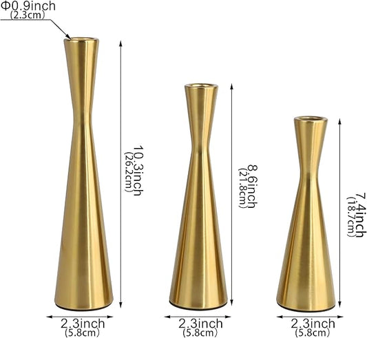 Vixdonos Brass Gold Taper Candle Holders Metal Candlestick Holders Set of 3 Table Mantel Decorative Candle Stand for Dinning,Party,Wedding,Home Decor(Brass Gold)