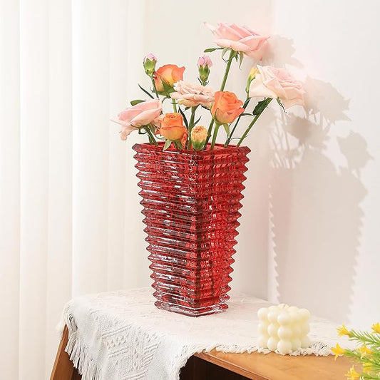 MCMCNCUIU Crystal Glass Vase, Large Crystal Vases for Flowers, Large Flower Vase, Red Modern Vases for Living Room, Bedroom, Kitchen, Dining Table, Mantle, Wedding, 11 Inches