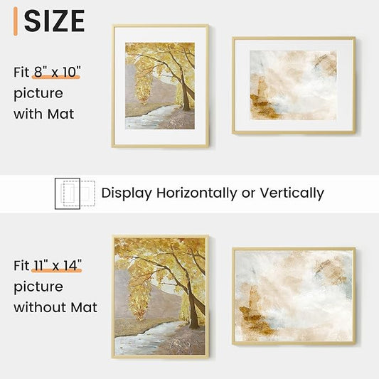11x14 inch Metal Picture Frame - 11 x 14 Thin Aluminum Photo Frames with 8x10 Removable Mat - High Definition Plexiglass - Vertical and Horizontal Display - Wall Hook Hanging Hardware Included - Gold, Set of 1