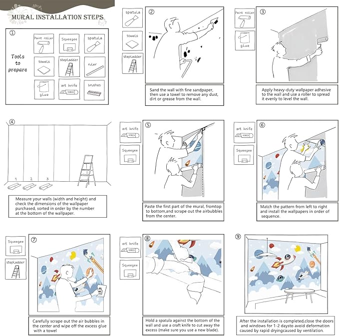 AFZEVEB-Space Mural Hand-Painted Cartoon Wallpaper for Kids Room 159"x107"(Not Peel and Stick)