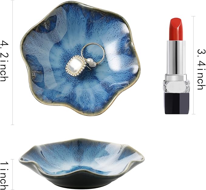Ceramic Ring Dish, Jewelry Dish Holder, Small Trinket Tray Plate for Earrings Rings Necklaces Keys, for Mom Friend Sister, Dark Blue