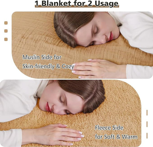EMME Muslin and Fleece Queen Blanket Reversible - 80"*90" Beige Soft Warm Throw Blankets for Couch Bed Picnic Travel Bed