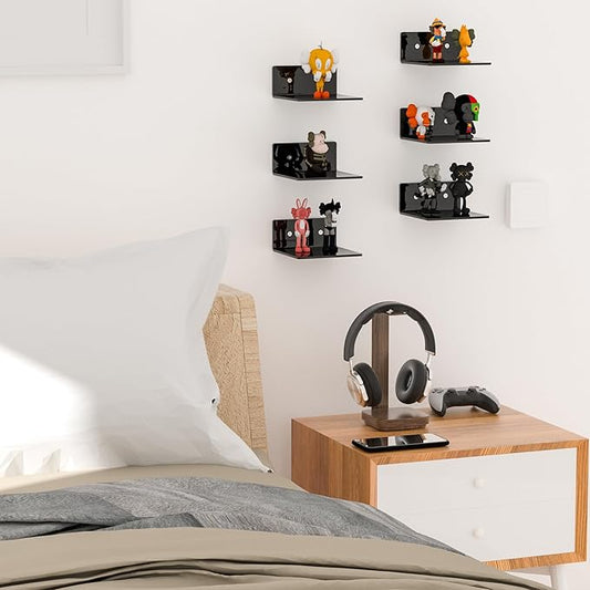 6 Inches Small Black Wall Shelves, Moisture-Proof, Space Saver, Wall Mounted Display Shelf Rack for Bedroom, Living Room, Kitchen, Dining Room, Bathroom, 4 Pack