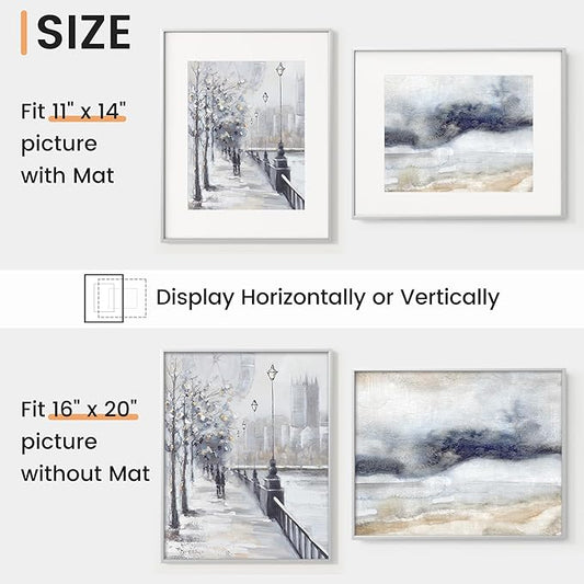 16x20 inch Metal Picture Frame - 16 x 20 Thin Aluminum Photo Frames with 11x14 Removable Mat - High Definition Plexiglass - Vertical and Horizontal Display - Wall Hook Hanging Hardware Included - Silver, Set of 1