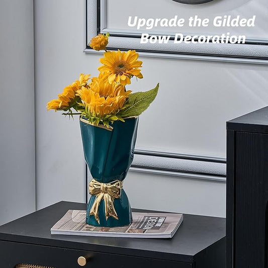 Bow Vase for Home Decor, Gold Vase for Boho Style, 9.65 Inch Large Vases for Ideal Table Decor, Living Room. Ceramic Flower Vases. (Glazed Exterior and Interior) (Green, Large)