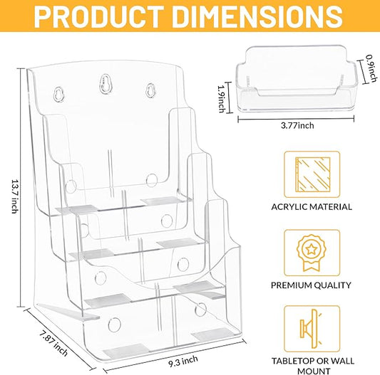 Acrylic Brochure Holder 8.5 x11”, 4 Tier Clear Literature Magazine Stand with Removable Divider for 4 x 9 Pamphlet Display Brochure with Business Card Holders- Wall Mount & Countertop