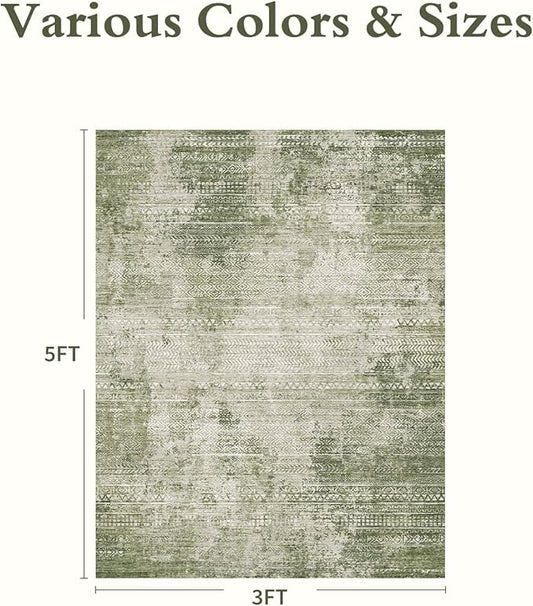 3 x 5 Rug Small Non Slip Machine Washable Rug Distressed Abstract Soft Indoor Carpet Neutral Boho Rug for Bedroom Living Room Entryway Kitchen Bedside, Green