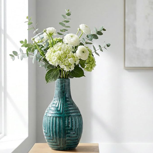 hjn Teal Hand-Glazed Ceramic Vase - 9.4" H Modern Decorative Centerpiece Vase for Fresh/Dried Flowers, Home Decor for Living Room Bookshelf Mantel | Wedding Housewarming Gift
