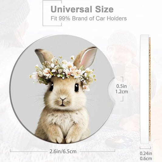 Easter Bunny Car Cup Holder Coaster,Cute Animal Rabbit Car Coasters for Cup Holder,2 PCS Absorbent Insert Ceramic Car Assecories with Cork Back & Finger Notch for Women Men