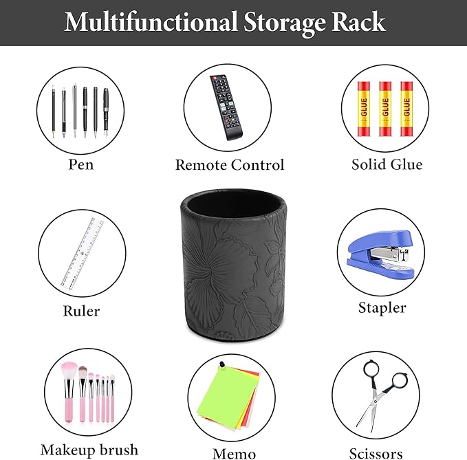 PU Leather Pen Holder Round Flash Makeup Brush Holder Desktop Pencil Storage Holder Gift for Desk Office Classroom Home(1-Carved Black)