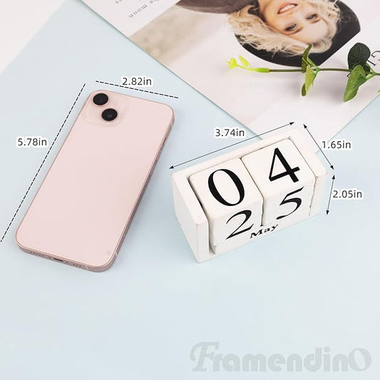 Framendino, White Vintage Wood Rustic Block Chic Perpetual Desktop Wooden Cubes Calendars for Home Office Desk Decoration