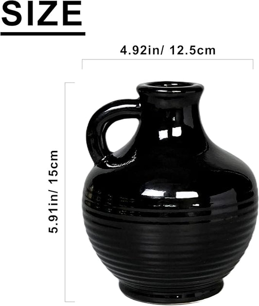 Sunddo Black Ceramic Vases Home Décor- 6 Inch Small Modern Decorative Vase with Handle, Black Decor, Table Mantle Fireplace Living Room Bathroom Wedding Centerpiece