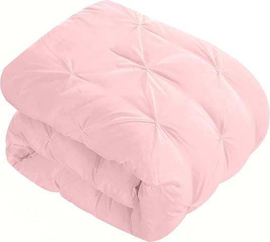 EVOLIVE 3pc Set Pinch Pleat/Kiss Pleat, Pintuck Down Alternative Comforter Set with Pompom (Twin, Pink)