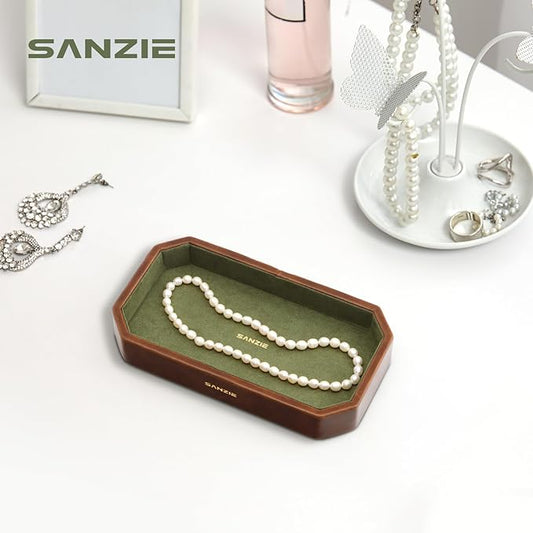 SANZIE Leather Tray Organizer Small Trays Decorative Tray Desktop Storage Premium Serving Tray Valet for Sundries Cosmetics Keys Phone Wallet Cutlery (Brown, Small)
