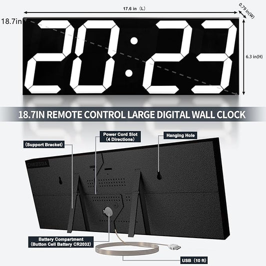 18.7in Large Digital Wall Clock,LED Digital Clock with Big Number,Multi-Function Remote Controlled Wall Clock with Timer, Alarm and Calendar Display(White)
