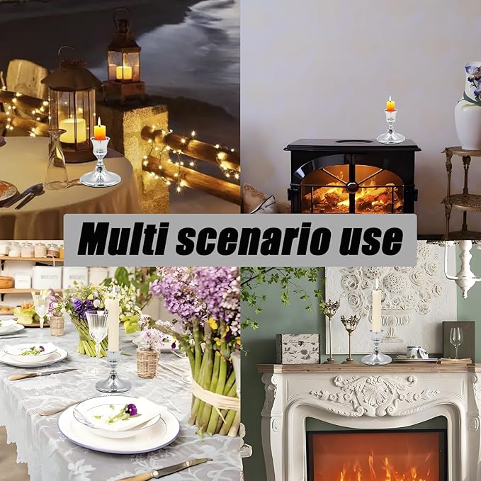 2 Pcs Silver Taper Candle Holders 2.8 Inch Vintage Short Skinny Metal Candlestick Holders for Table Centerpieces