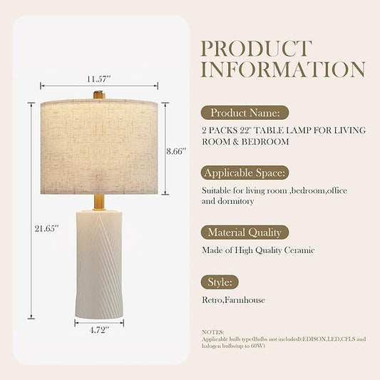 22" Modern Ceramic Table Lamp Set of 2 for Living Room, Table Lamps for Bedroom Set of 2, Farmhouse Bedside Nightstand Bedside Lamp End Table Lamps White