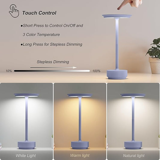 1 Pack Rechargeable Table Lamps Cordless, Portable 5000mAh Outdoor Table Light, 3 Color Stepless Dimming LED Table Lamp with Memory Function, for Home/Dinner/Patio/Restaurant.(Light Purple)