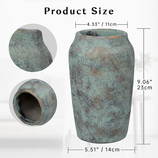 Briful 9.06'' Large Ceramic Rustic Vase Shabby Vintage Textured Vase, 4.33'' Wide Mouth Pampas Vases for Fake Flowers Branches, Farmhouse Home Décor, Weddings Shelf Table Decor,Patina