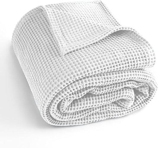 100% Cotton Waffle Blankets for Bed - Queen (90" x 90") Lightweight, Breathable and Soft, Waffle Weave Blanket for All-Season - Summer, Spring, Winter (White)