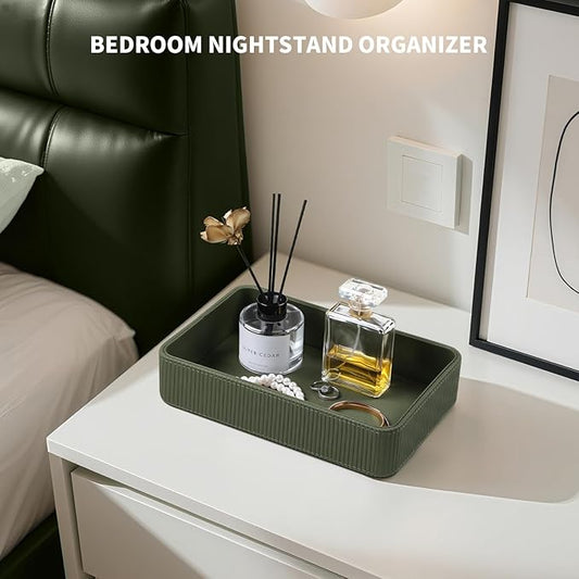 PU Leather Valet Tray Organizer, Modern Nightstand Organizer Bedside Desktop Storage for Womens and Men, Decorative Perfume Trinket Catchall Vanity Tray for Key Watch Wallet (Green)