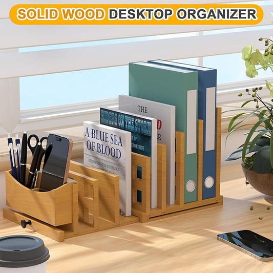 AO LI GEI Wood File Mail Organizer,Expandable Desktop Organizer Paper Sorter Pull Out from 4 to 7 Slots with Hanging Storage Box & Phone Stand,File Holders for Office Desk Home & School 