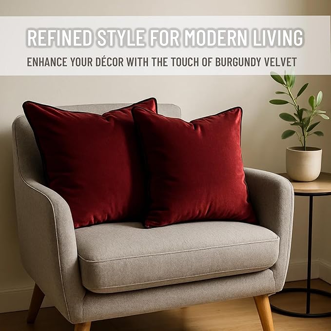 2 Pack Velvet Decorative Throw Pillow Covers, 12"x20", Burgundy, Solid, Modern, Contrast Piping, Indoor Use, Bedroom & Living Room
