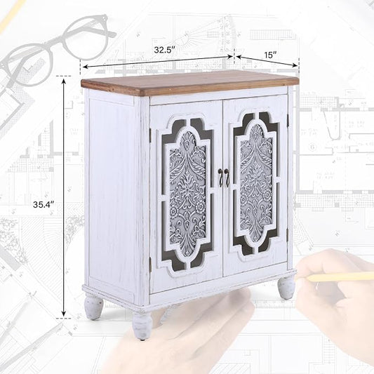 MAISON ARTS Accent Cabinet with 2 Doors, Farmhouse Decorative Storage Cabinet with Solid Wood Frame & Legs for Living Room Entryway Small Sideboard Buffet Cabinet, Metal Embossing Pattern