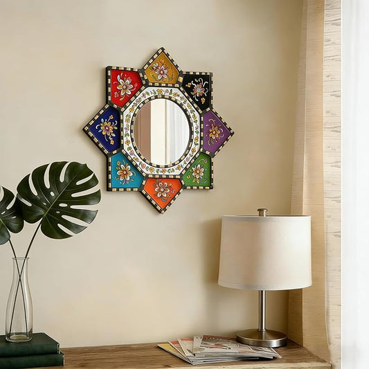 Octagon Sunburst Wall Mirror - Colorful Geometric Boho Circle Mirror Art, Small Decorative Vintage Accent for Living Room Decor, Wood & Acrylic(2D Printed)