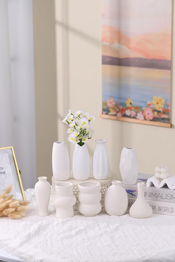Set of 9 White Ceramic Bud Vases – Style 3 | Pampas Grass & Flower Vase Set