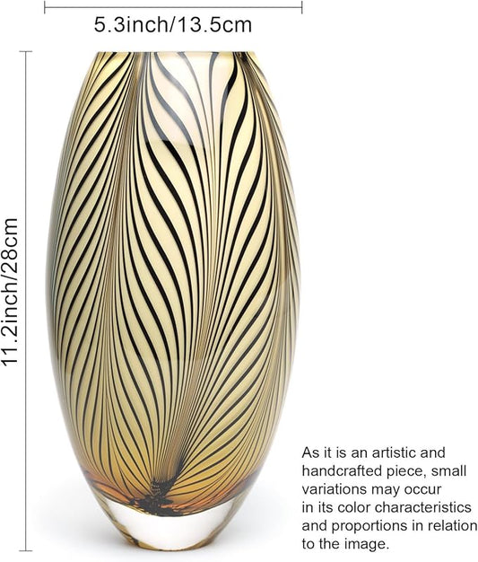 Ca D Oro Murano Style Glass Vase Amber Feather Pattern Hand Blown Art Glass for Flower, Room Decoration and Centerpiece - Model 54 MS