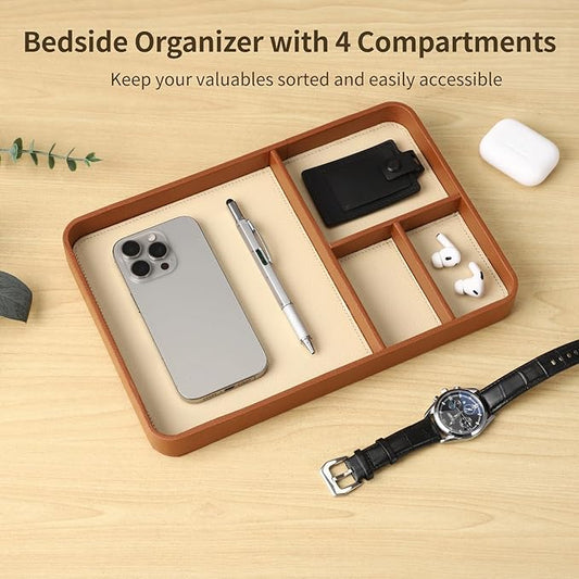 Caramel Leather Valet Tray for Men, Vegan Catchall Organizer - Nightstand & Bedside Caddy with 4 Compartments, 11.81"x7.87" Desktop Organizer