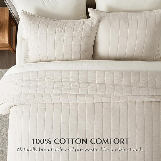 EVERGRACEHOME 100% Cotton Box Stitch Quilt Bedding Set Queen Size 3 Pieces, Garment-Washed Lightweight Soft Cozy Coverlet, Quilted Bedspread Sets with 2 Shams for All Season, Birch