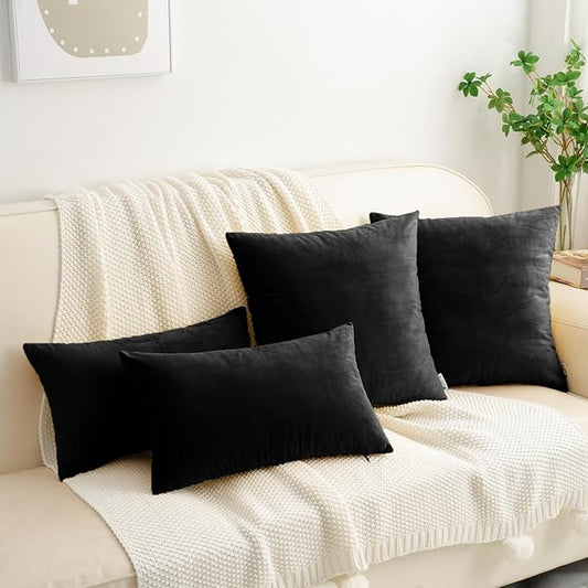 HWY 50 Black Velvet Throw Pillow Covers 20x20 Inch, Pack of 2 Soft Cozy Solid Decorative Luxury Cushion Cases for Couch Sofa Bed Living Room Bedroom