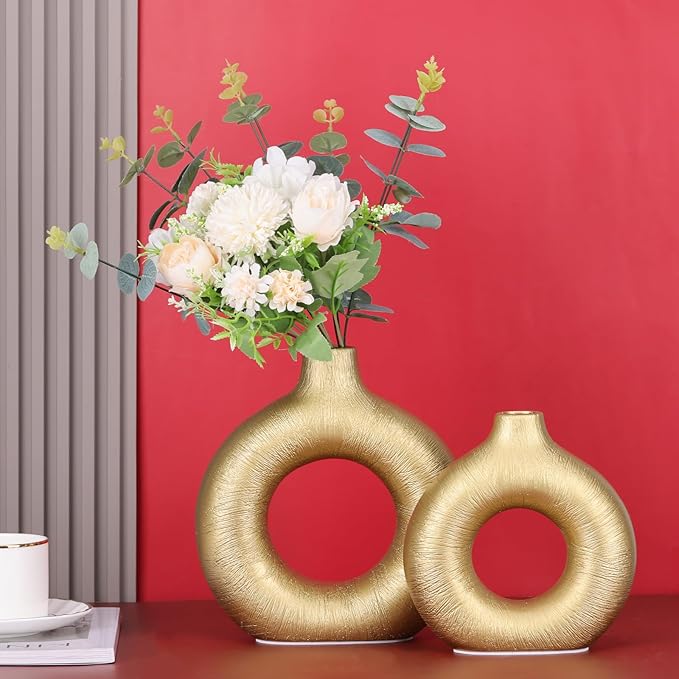 Gold Vase Decor Donut Vase Set of 2 - Circle Hollow Vases, Modern Matte Ceramic Vases for Entryway Living Room Bedroom Dining Table Centerpiece Office Home Decor