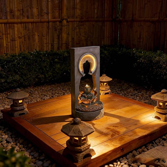 35.43" Zen Buddha Outdoor Fountain with Hollow Center — Zen Fountain Waterfall Feature for Garden, Patio & Yard — Soothing Sound, Warm LED Lights, Durable Weather-Resistant Decor