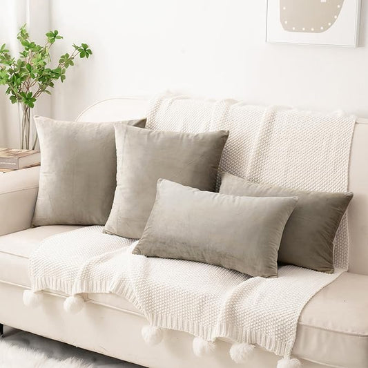 HWY 50 Taupe Velvet Rectangular Throw Pillow Covers 12x20 Inch, Pack of 2 Soft Cozy Solid Decorative Luxury Cushion Cases for Couch Sofa Bed Living Room Bedroom