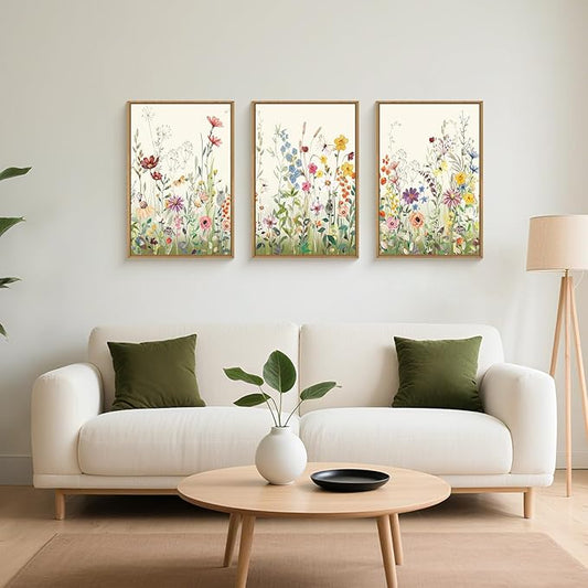 Watercolor Colorful Wildflower Framed Canvas Wall Art Set,Modern Nature Flower Wall Decor,Natural Pink Green Floral Botanical Artwork for Living Room, Bedroom,Farmhouse- 24"x36"x3