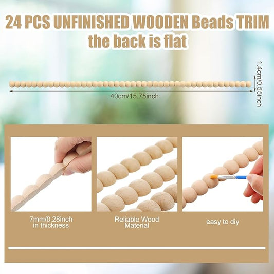 Nuanchu 24 Pcs Decorative Beaded Wood Trim Half Wooden Beads Trim Molding 15. 75 Inch Unfinished 3D Decorative Bead Pearl Wood Molding Cute DIY for Home Wall Cabinet Shelf Window Door (14 mm)
